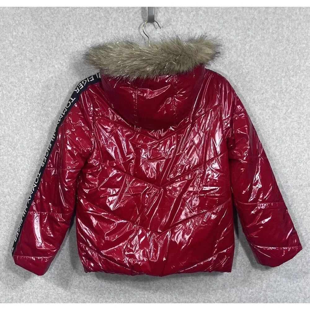 Tommy Hilfiger Girls Puffer Jacket 12/14‎ Lg Red High Shine Chevron Scarlet Logo